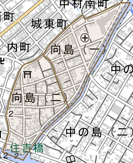 向島とその周辺の地図。町の範囲を重ねている