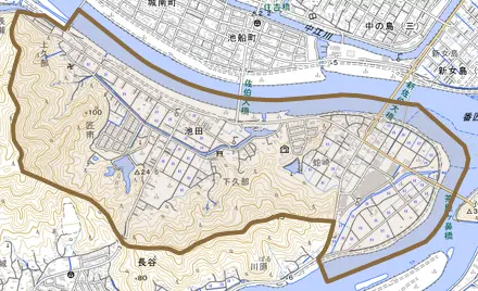 大字池田とその周辺の地図。町の範囲を重ねている
