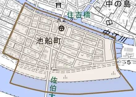 池船町とその周辺の地図。町の範囲を重ねている