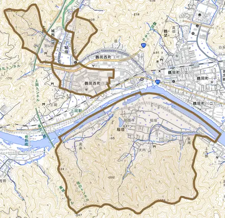 大字稲垣とその周辺の地図。町の範囲を重ねている