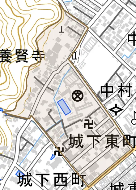 城下東町とその周辺の地図。町の範囲を重ねている