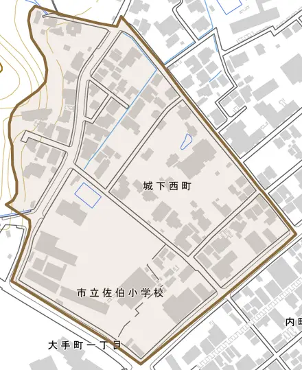 城下西町とその周辺の地図。町の範囲を重ねている