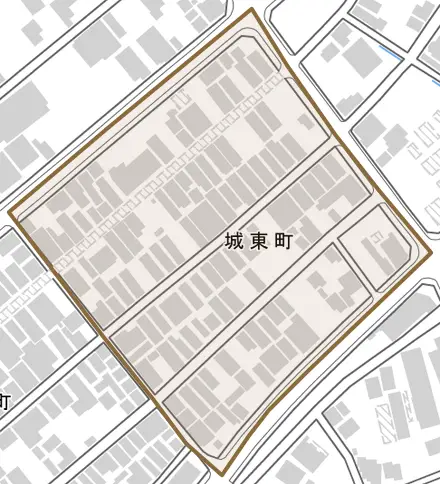 城東町とその周辺の地図。町の範囲を重ねている