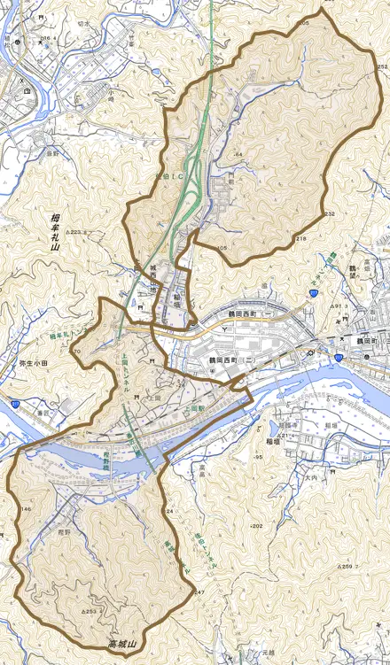 大字上岡とその周辺の地図。町の範囲を重ねている