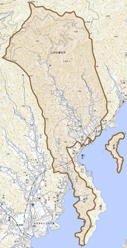 大字狩生とその周辺の地図。町の範囲を重ねている