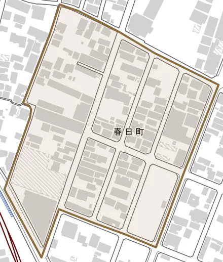 春日町とその周辺の地図。町の範囲を重ねている