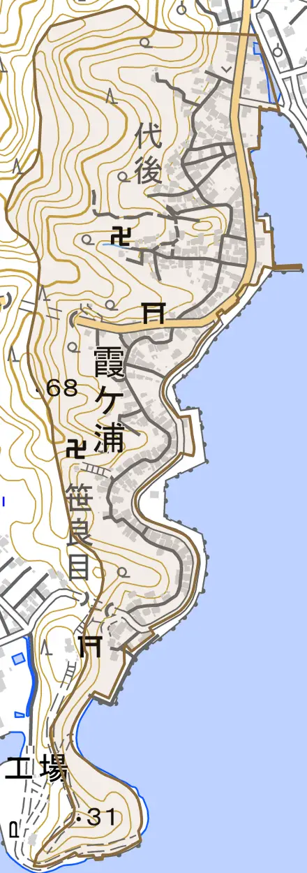 大字霞ケ浦とその周辺の地図。町の範囲を重ねている