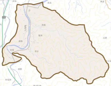 大字堅田とその周辺の地図。町の範囲を重ねている
