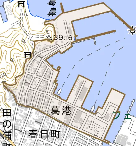葛港とその周辺の地図。町の範囲を重ねている
