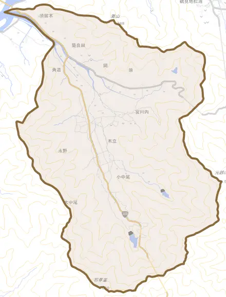 大字木立とその周辺の地図。町の範囲を重ねている