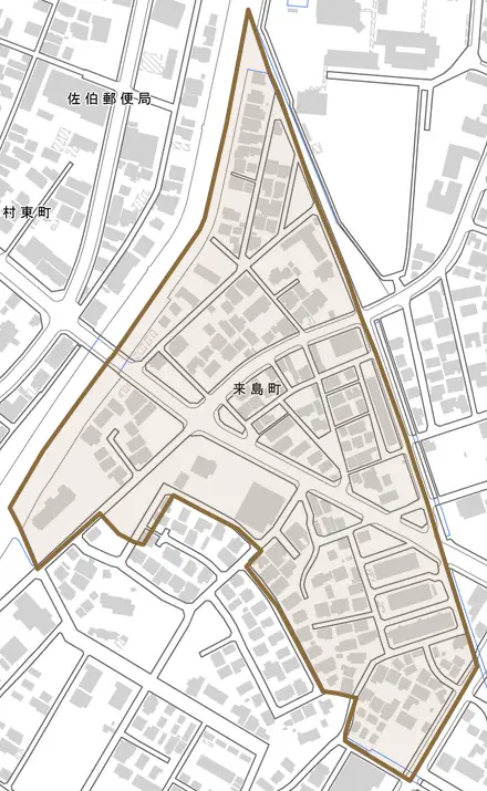 来島町とその周辺の地図。町の範囲を重ねている