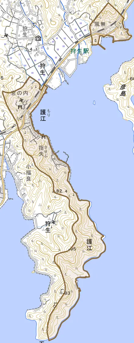 大字護江とその周辺の地図。町の範囲を重ねている