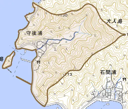大字守後浦とその周辺の地図。町の範囲を重ねている