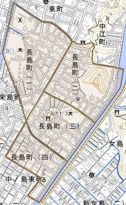 長島町とその周辺の地図。町の範囲を重ねている