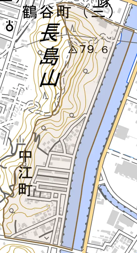 中江町とその周辺の地図。町の範囲を重ねている