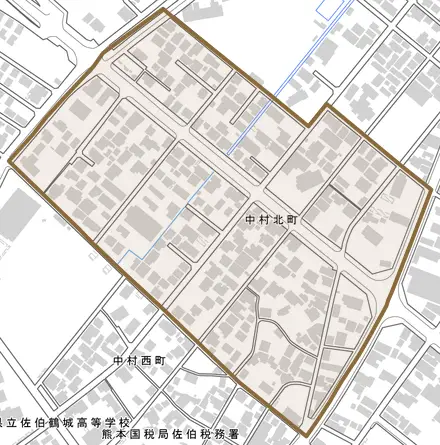中村北町とその周辺の地図。町の範囲を重ねている