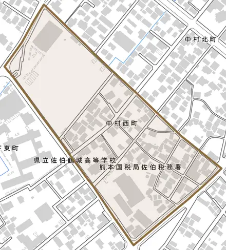 中村西町とその周辺の地図。町の範囲を重ねている