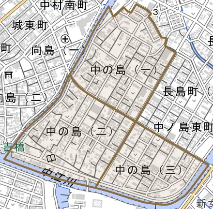 中の島とその周辺の地図。町の範囲を重ねている