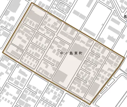 中ノ島東町とその周辺の地図。町の範囲を重ねている