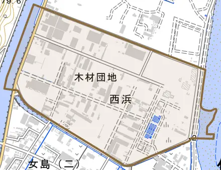 西浜とその周辺の地図。町の範囲を重ねている