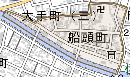 船頭町とその周辺の地図。町の範囲を重ねている