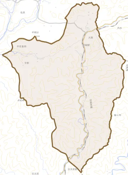 宇目大字大平とその周辺の地図。町の範囲を重ねている