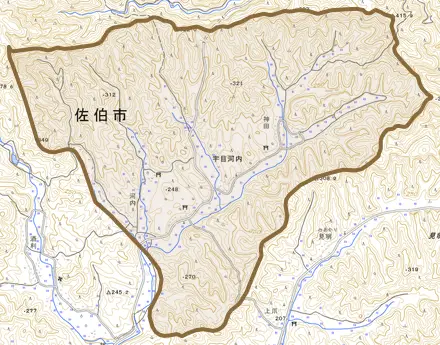 宇目大字河内とその周辺の地図。町の範囲を重ねている