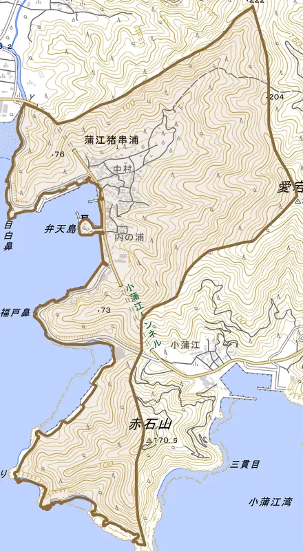 蒲江大字猪串浦とその周辺の地図。町の範囲を重ねている