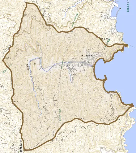 蒲江大字葛原浦とその周辺の地図。町の範囲を重ねている