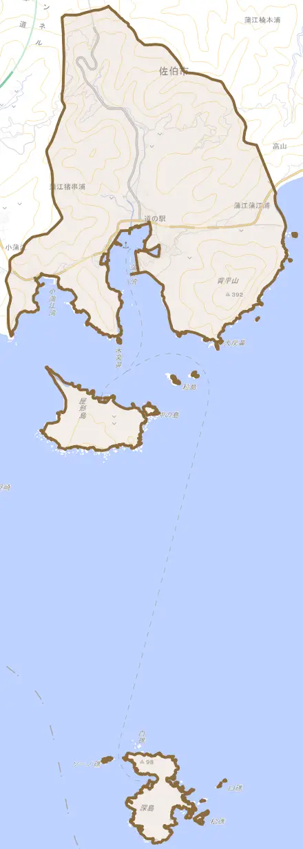 蒲江大字蒲江浦とその周辺の地図。町の範囲を重ねている