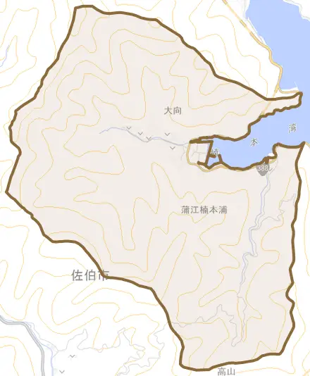 蒲江大字楠本浦とその周辺の地図。町の範囲を重ねている
