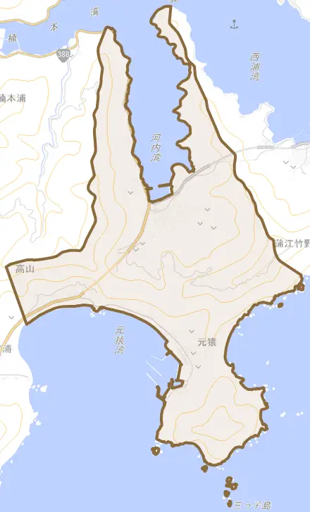 蒲江大字竹野浦河内とその周辺の地図。町の範囲を重ねている