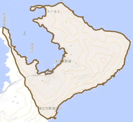 蒲江大字西野浦とその周辺の地図。町の範囲を重ねている