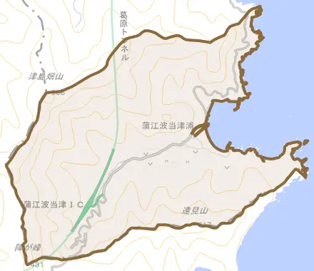 蒲江大字波当津浦とその周辺の地図。町の範囲を重ねている