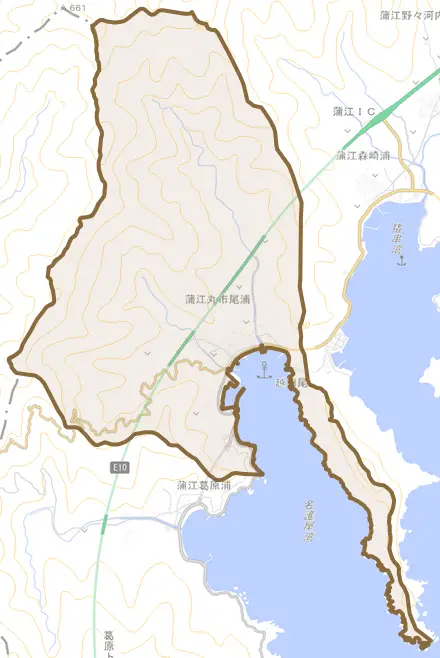 蒲江大字丸市尾浦とその周辺の地図。町の範囲を重ねている