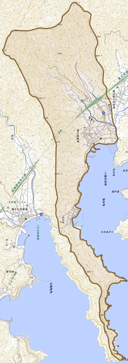 蒲江大字森崎浦とその周辺の地図。町の範囲を重ねている