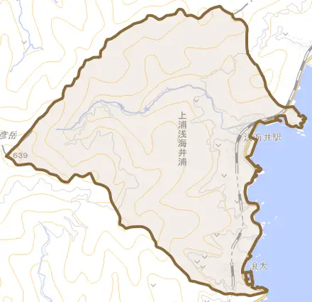 上浦大字浅海井浦とその周辺の地図。町の範囲を重ねている