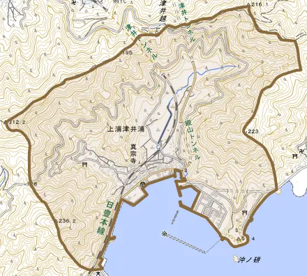 上浦大字津井浦とその周辺の地図。町の範囲を重ねている