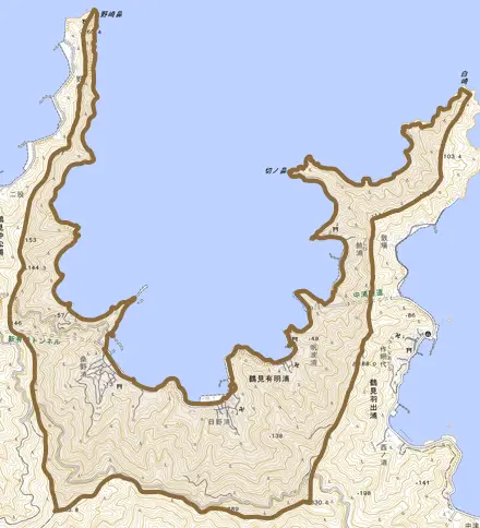 鶴見大字有明浦とその周辺の地図。町の範囲を重ねている