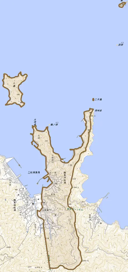鶴見大字沖松浦とその周辺の地図。町の範囲を重ねている