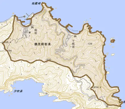 鶴見大字梶寄浦とその周辺の地図。町の範囲を重ねている