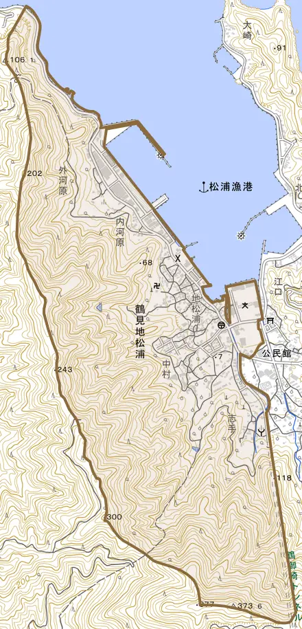 鶴見大字地松浦とその周辺の地図。町の範囲を重ねている