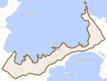 鶴見大字中越浦とその周辺の地図。町の範囲を重ねている