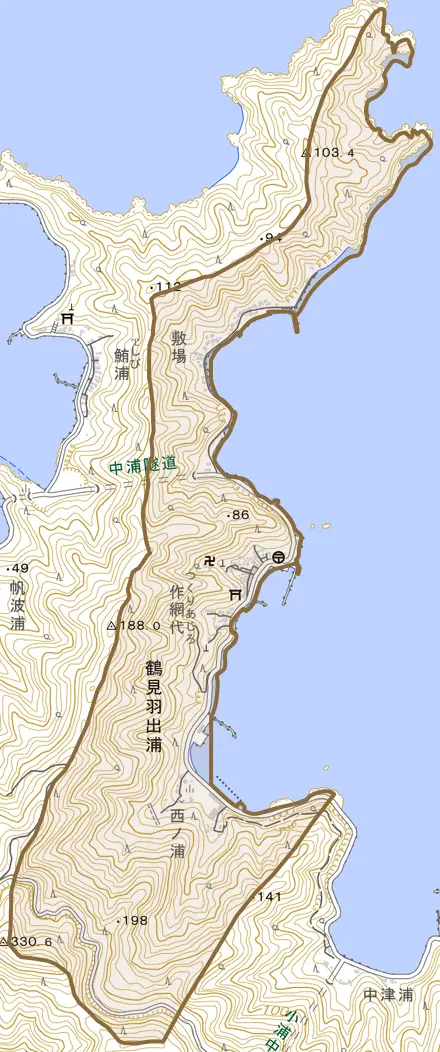 鶴見大字羽出浦とその周辺の地図。町の範囲を重ねている