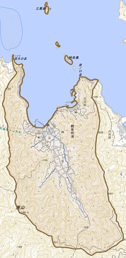 鶴見大字吹浦とその周辺の地図。町の範囲を重ねている
