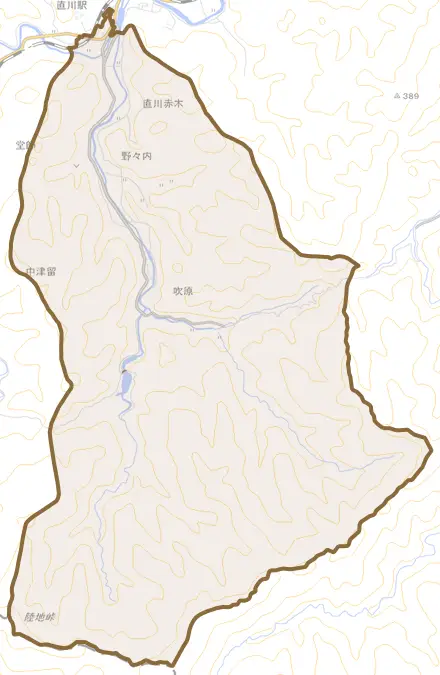 直川大字赤木とその周辺の地図。町の範囲を重ねている