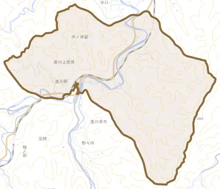 直川大字上直見とその周辺の地図。町の範囲を重ねている
