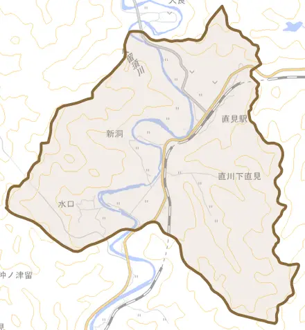 直川大字下直見とその周辺の地図。町の範囲を重ねている