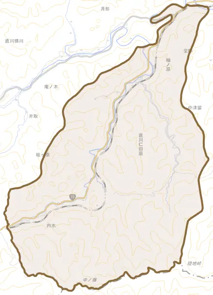 直川大字仁田原とその周辺の地図。町の範囲を重ねている