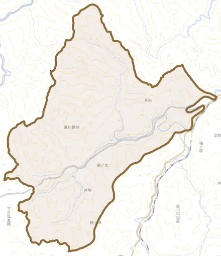 直川大字横川とその周辺の地図。町の範囲を重ねている